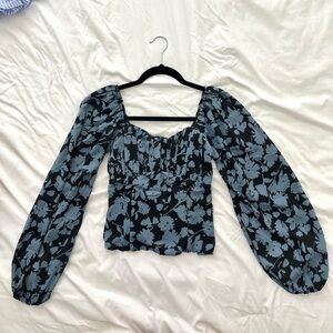 Floral Puff Sleeve Top - Black and Blue